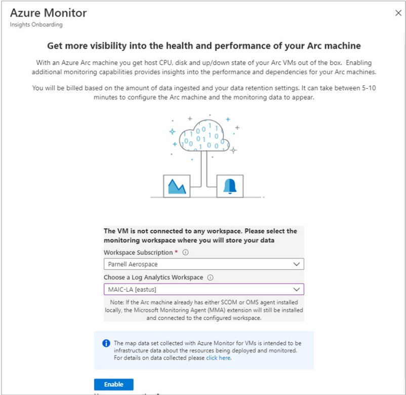 Captura de pantalla de la página habilitar Información de máquinas virtuales de Azure Monitor.
