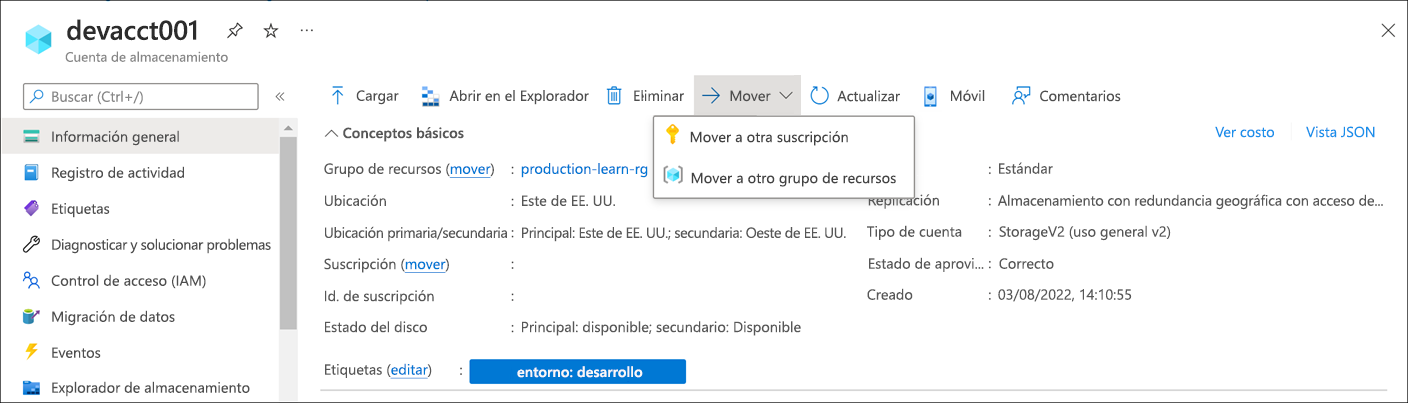 Screenshot that shows the move resource to another resource group option.