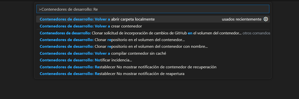 Captura de pantalla de la opción de la paleta de comandos para volver a abrir la carpeta actual en el entorno local.