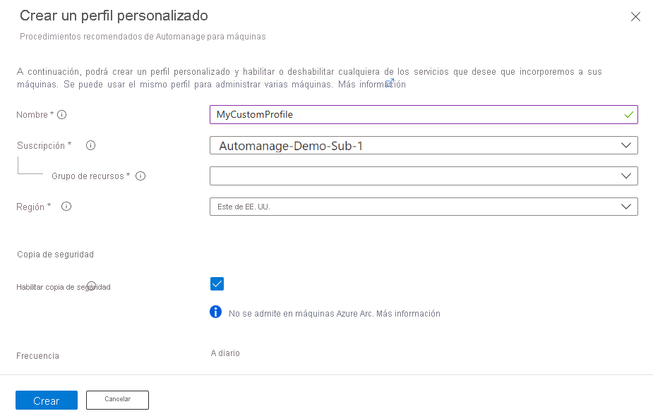 Screenshot of window for creating custom profile.