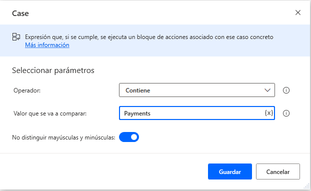 Captura de pantalla del cuadro de diálogo de acción del caso con el operador configurado como Contains y el valor para comparar configurado en los pagos.