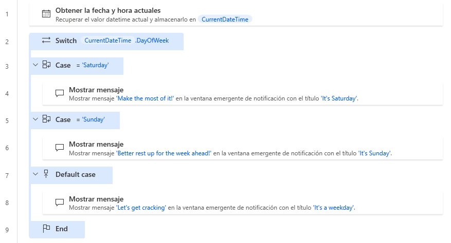 Captura de pantalla de una acción Switch Case y una acción Default Case completadas