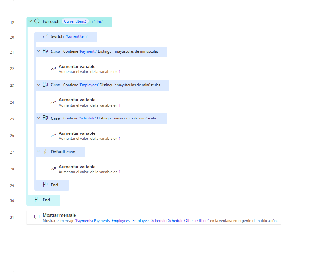 Captura de pantalla con los contadores de Aumentar variable agregados a cada caso