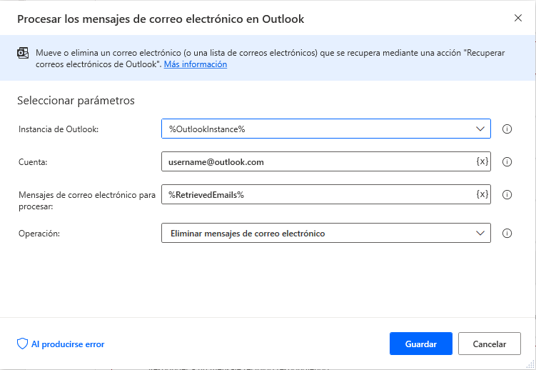 Captura de pantalla del cuadro de diálogo de la acción Procesar los mensajes de correo electrónico en Outlook