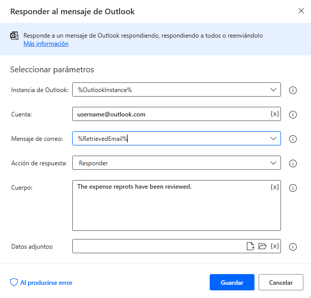 Captura de pantalla del cuadro de diálogo de la acción Responder al mensaje de Outlook