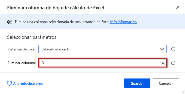 Captura de pantalla del cuadro de diálogo de propiedades Eliminar columna de la hoja de cálculo de Excel