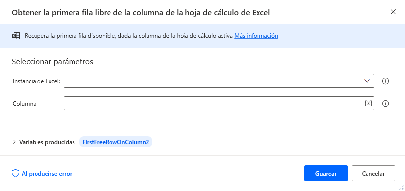 Captura de pantalla del cuadro de diálogo de propiedades de la acción Obtener la primera fila libre de la columna en hojas de cálculo de Excel.