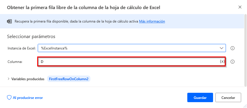 Captura de pantalla del cuadro de diálogo de Obtener la primera fila libre de la columna en hojas de cálculo de Excel.