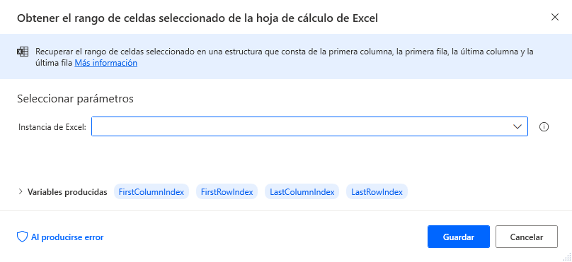 Captura de pantalla del cuadro de diálogo de propiedades de la acción Obtener el rango de celdas seleccionado en hojas de cálculo de Excel.