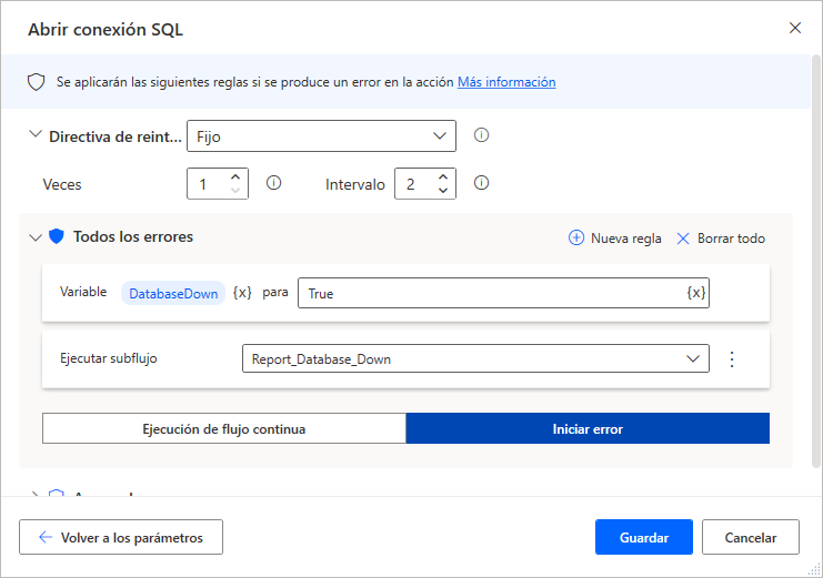 Pestaña Control de excepciones rellena en las propiedades de la acción Abrir conexión SQL