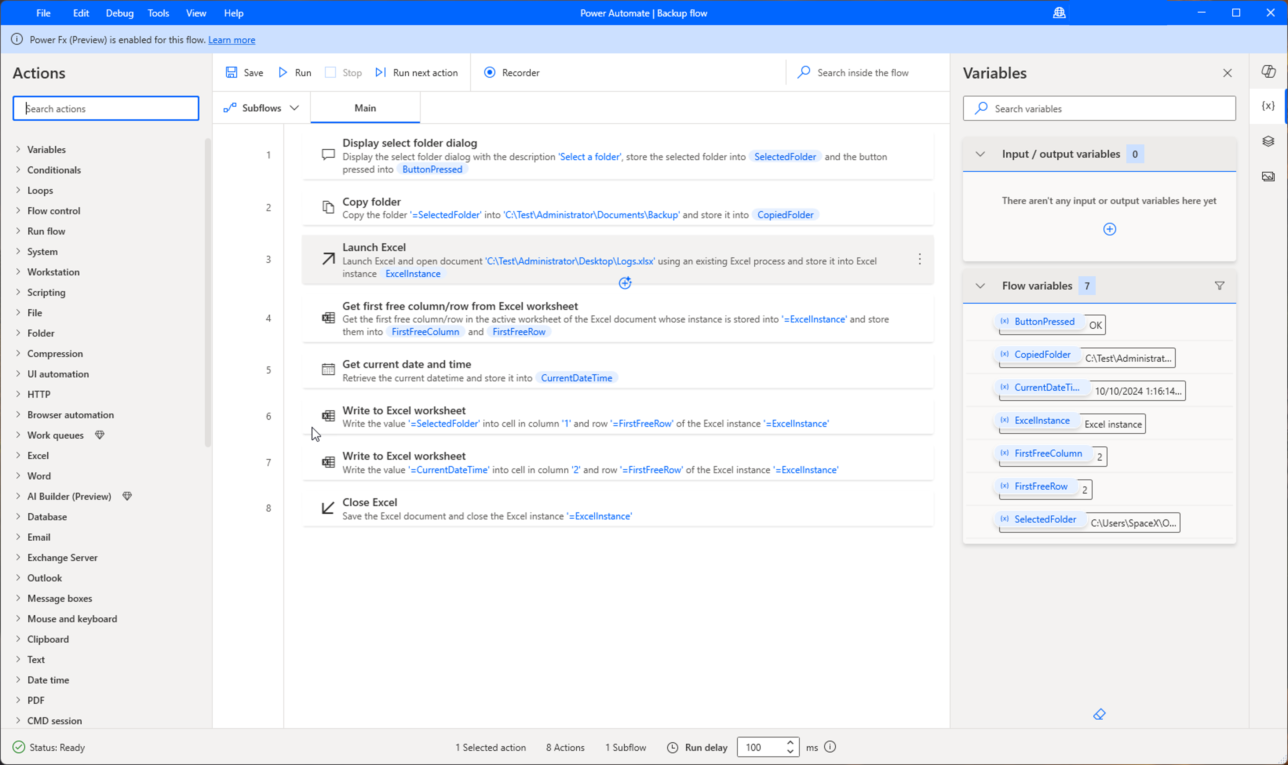 Captura de pantalla de las propiedades del flujo final y el botón ejecutar.