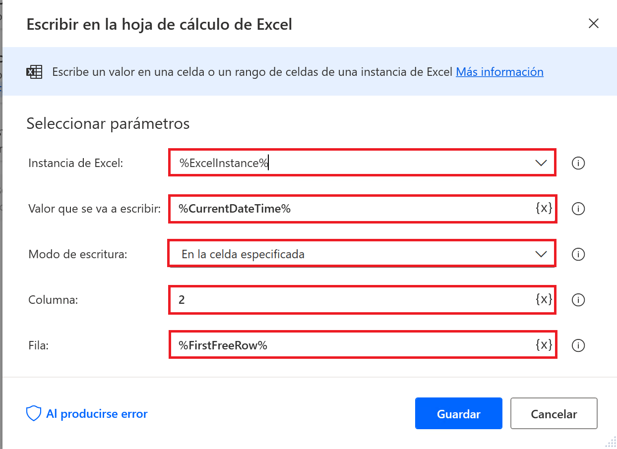 Captura de pantalla de la acción Escribir en la hoja de cálculo de Excel escribiendo la marca de tiempo.