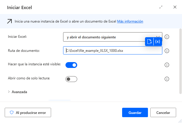Captura de pantalla del bucle de Excel.