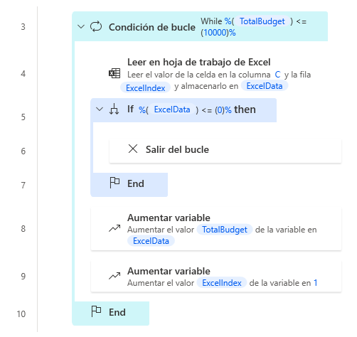 Captura de pantalla del espacio de trabajo de la acción Salir del bucle.