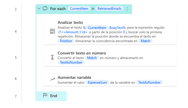 Captura de pantalla del espacio de trabajo de ejemplo del bucle For each.
