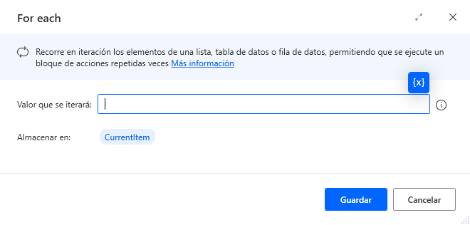 Captura de pantalla del cuadro de diálogo Propiedades de la acción For Each.