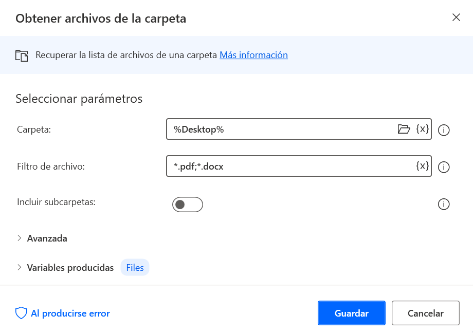 Captura de pantalla del cuadro de diálogo de propiedades de la acción Obtener archivos de la carpeta para el escritorio