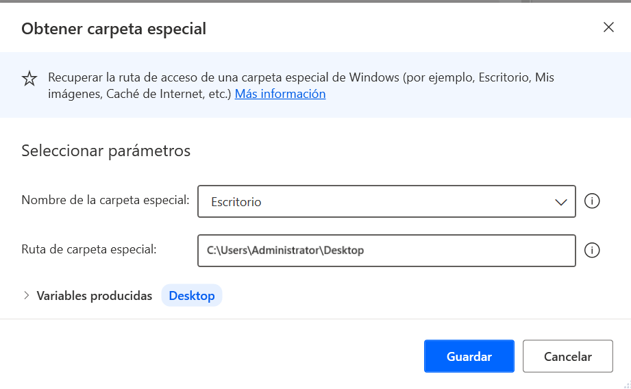 Captura de pantalla del cuadro de diálogo de propiedades de la acción Obtener carpeta especial para el escritorio