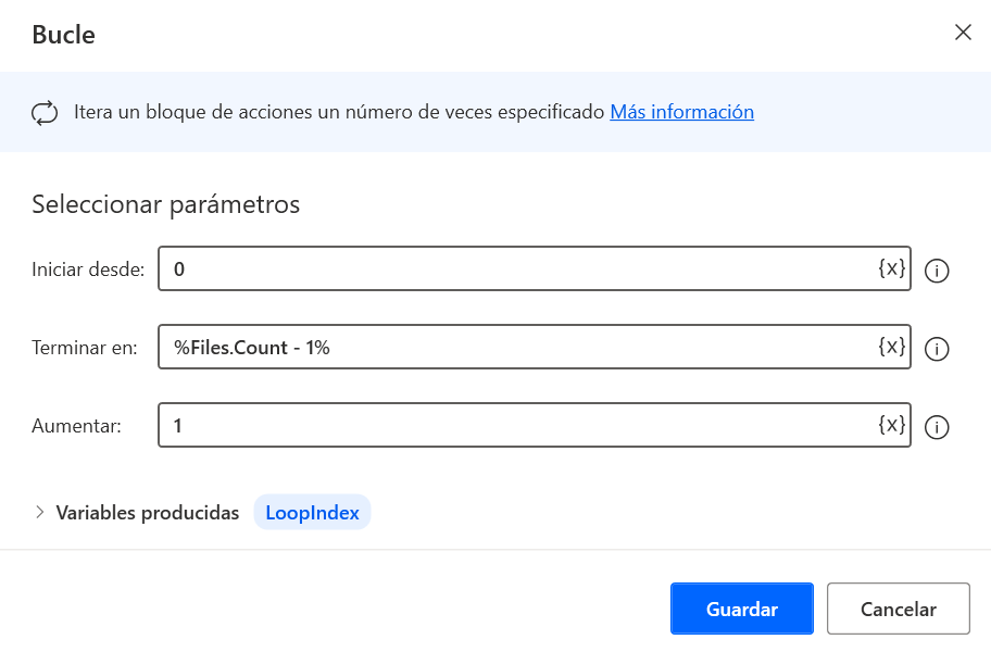 Captura de pantalla del cuadro de diálogo de propiedades de la acción de bucle