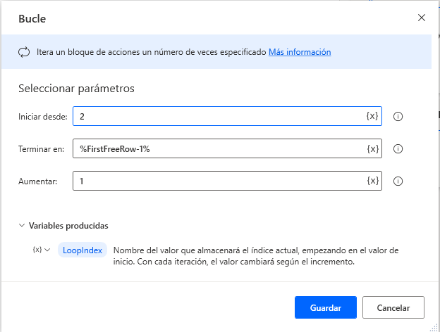 Captura de pantalla de las propiedades de la acción de bucle.