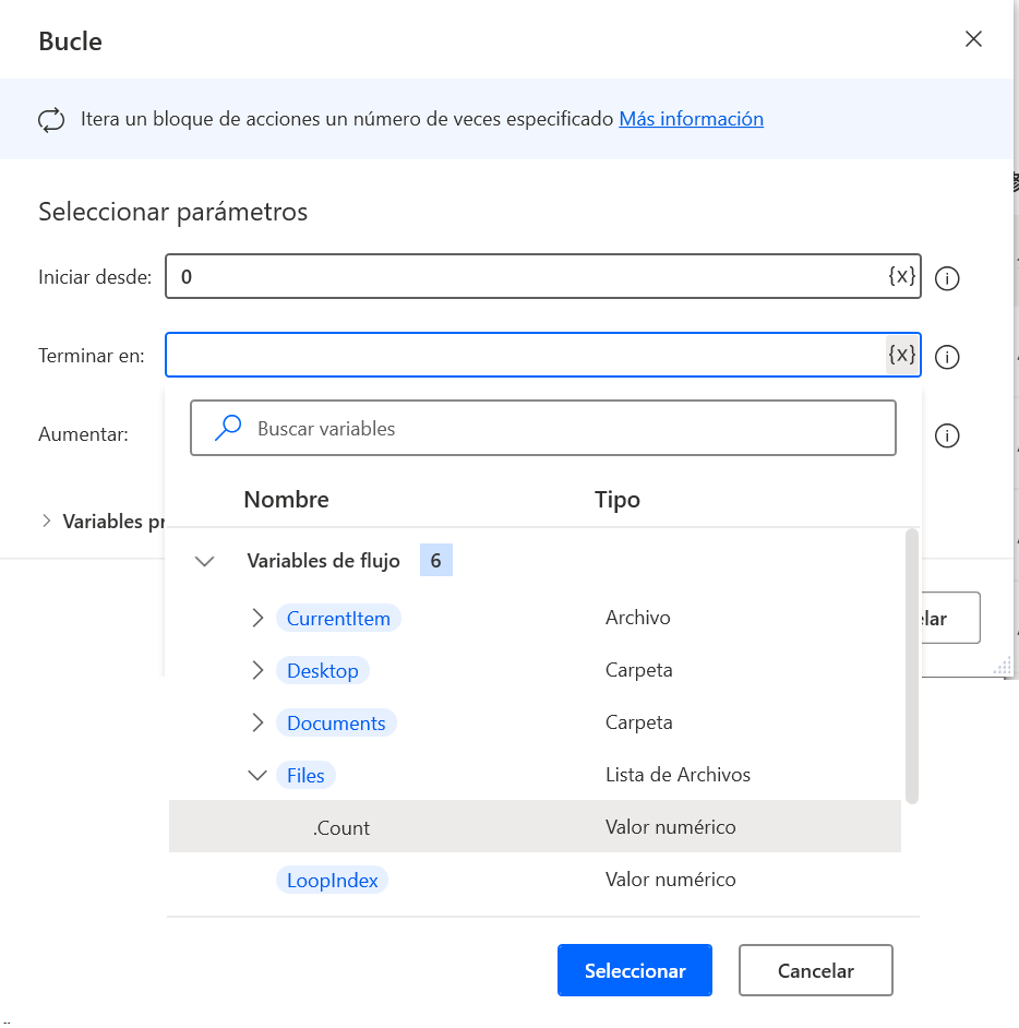 Captura de pantalla de la ventana emergente de selección de variables de las propiedades de la acción de bucle