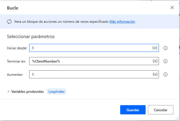 Captura de pantalla del cuadro de diálogo de propiedades de la acción Bucle
