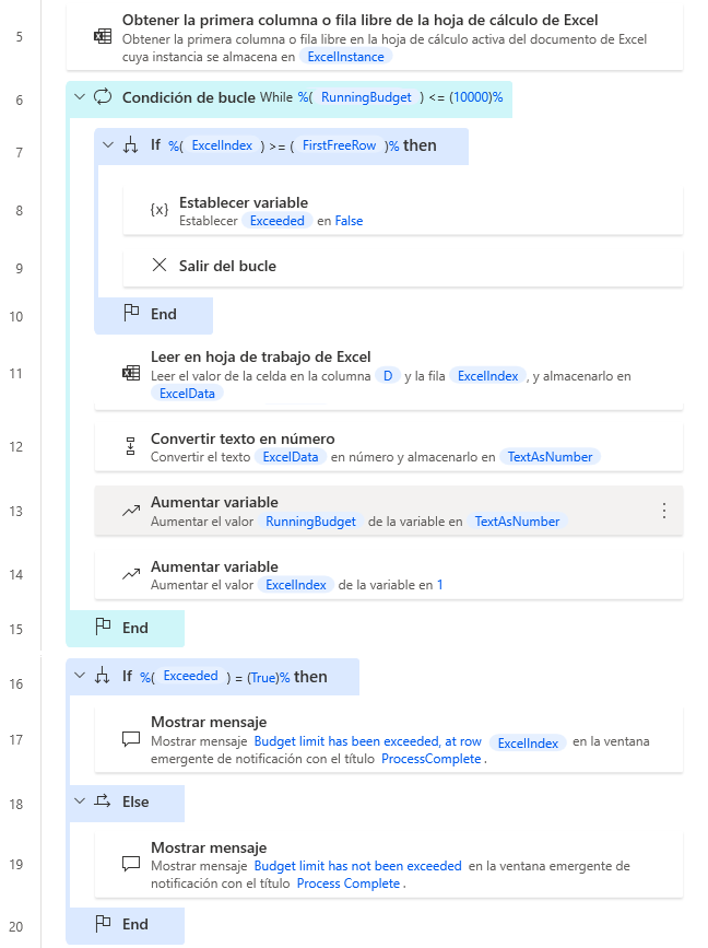 Captura de pantalla del ejemplo de espacio de trabajo de la condición de bucle If completada