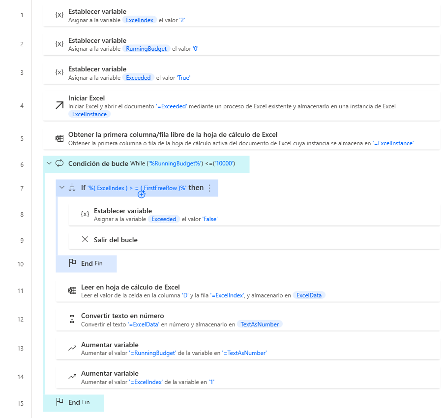Captura de pantalla del ejemplo de espacio de trabajo de la condición de bucle 