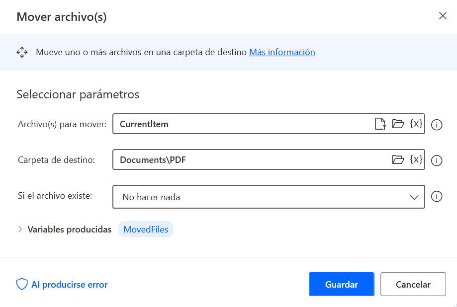 Captura de pantalla de la acción Mover archivos que mueve los archivos pdf