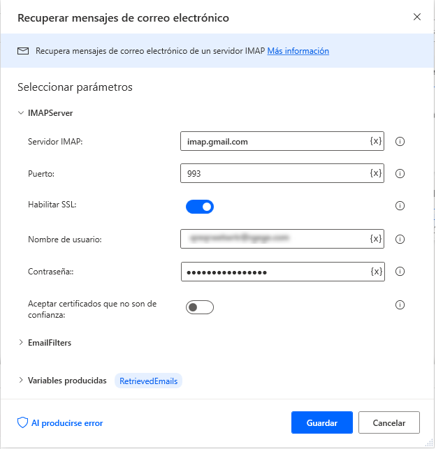 Captura de pantalla del cuadro de diálogo de propiedades de la acción Recuperar correos electrónicos.