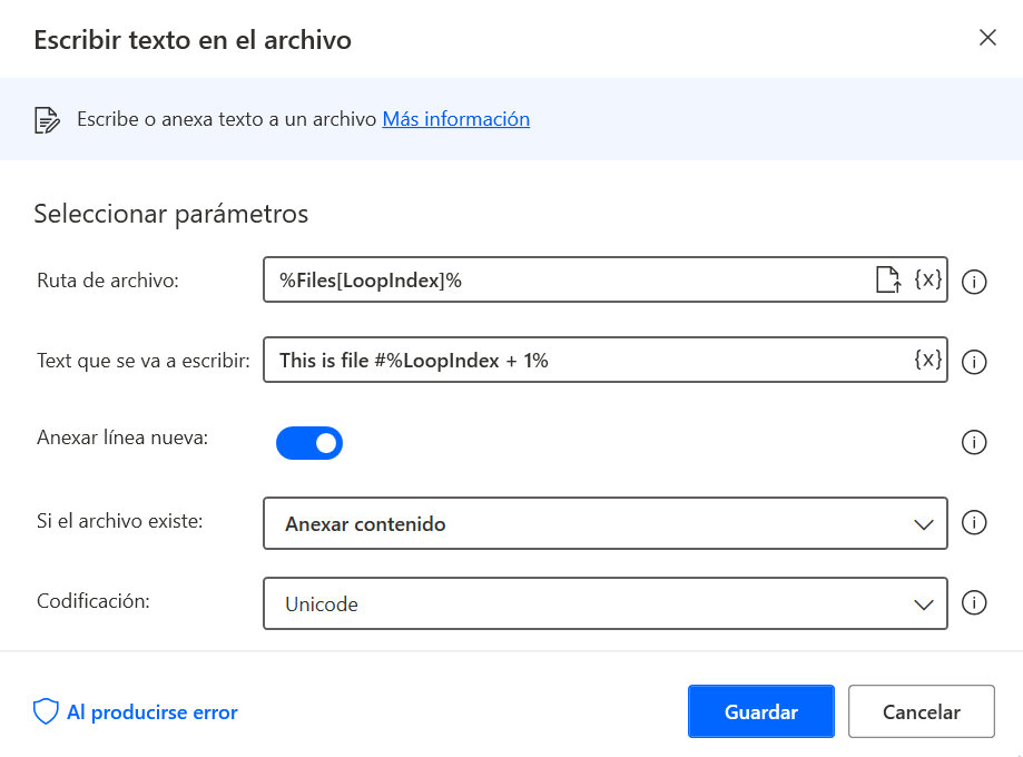 Captura de pantalla del cuadro de diálogo de propiedades de la acción Escribir texto en el archivo