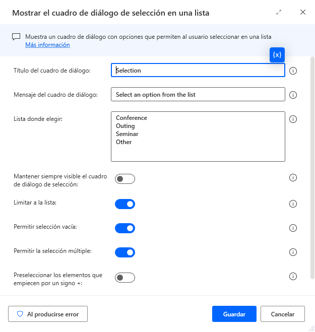 Captura de pantalla de Mostrar el cuadro de diálogo de selección en una lista