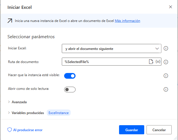 Captura de pantalla de la acción Iniciar Excel.