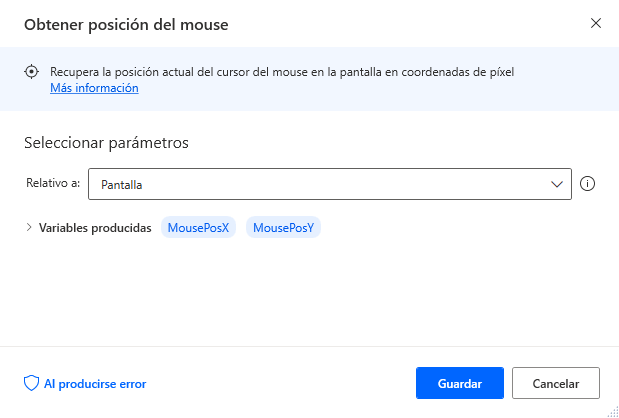 Captura de pantalla del cuadro de diálogo de propiedades de la acción Obtener posición del mouse.