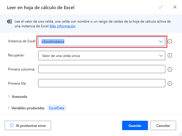 Captura de pantalla del cuadro de diálogo de propiedades de la acción Leer en hoja de cálculo de Excel
