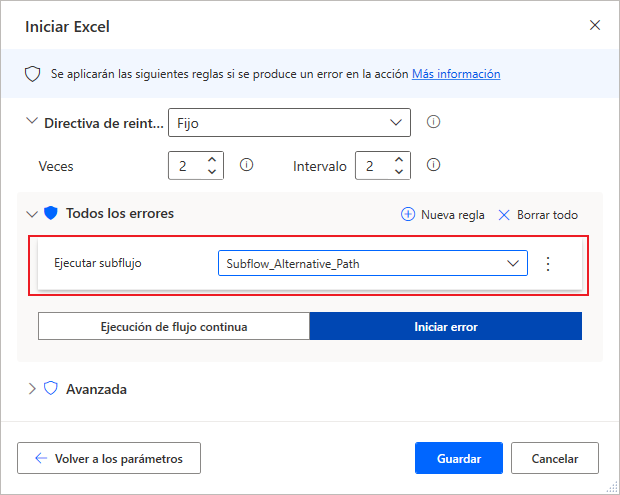 Captura de pantalla del control de excepciones en las propiedades de la acción Iniciar Excel, con una ruta alternativa agregada.