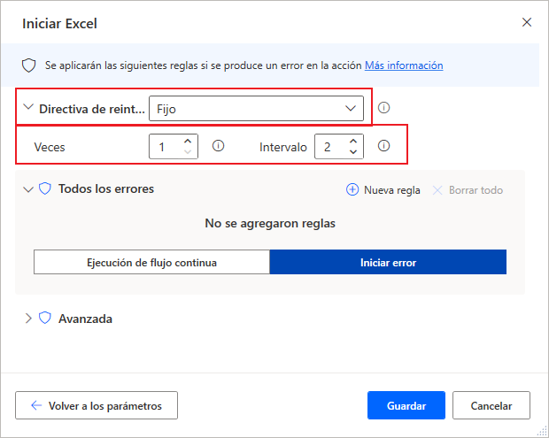 Captura de pantalla del reintento del control de excepciones de las propiedades de la acción Iniciar Excel