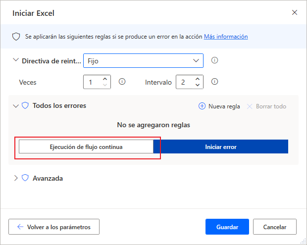 Captura de pantalla del control de excepciones de las propiedades de la acción Iniciar Excel
