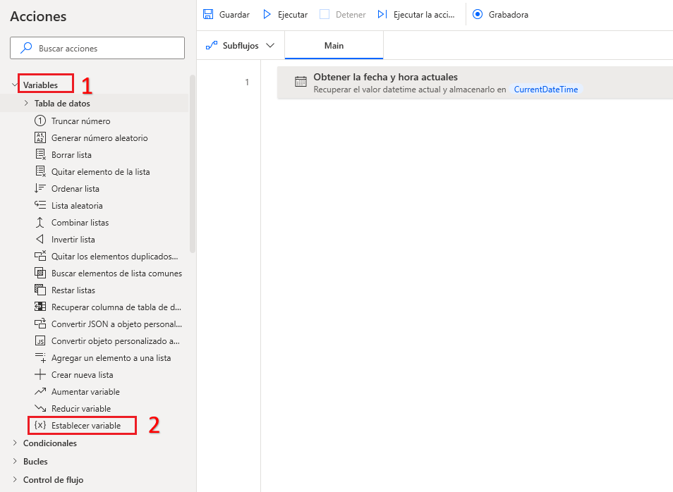 Captura de pantalla de la acción Establecer variable de Power Automate para escritorio