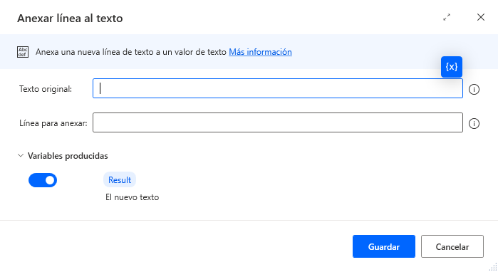Captura de pantalla de las propiedades de acción Anexar línea al texto.
