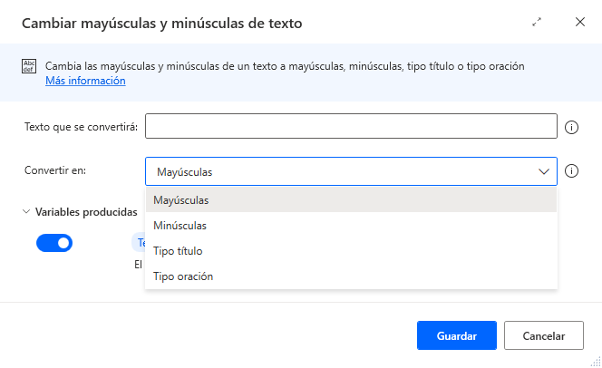 Captura de pantalla de las propiedades de la acción de cambio entre mayúsculas y minúsculas del texto