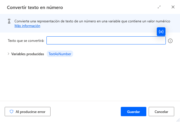 Captura de pantalla de las propiedades de la acción Convertir el texto en número.