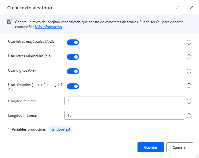 Captura de pantalla de las propiedades de la acción Crear texto aleatorio.