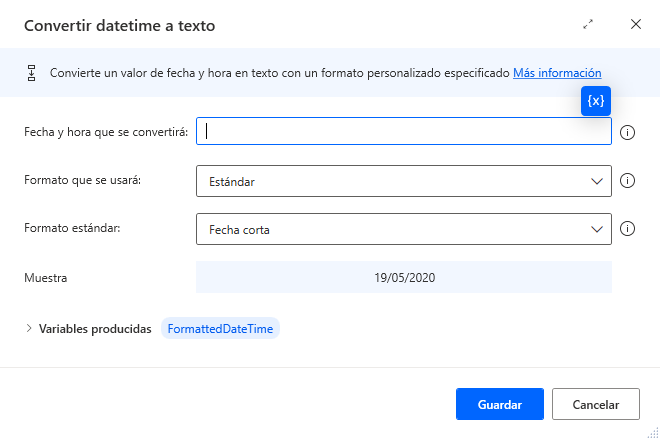 Captura de pantalla de las propiedades de la acción Convertir fecha y hora a texto.