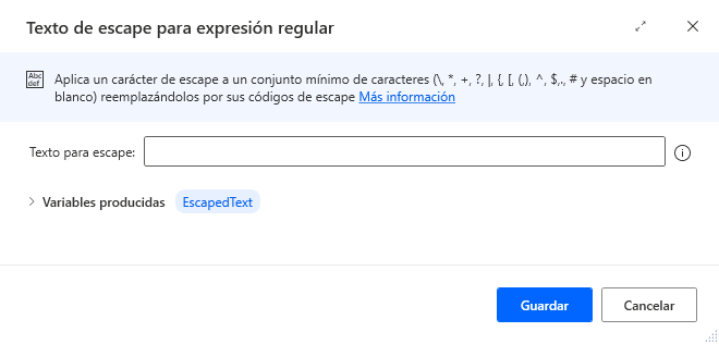 Captura de pantalla de las propiedades de la acción texto de escape para expresión regular