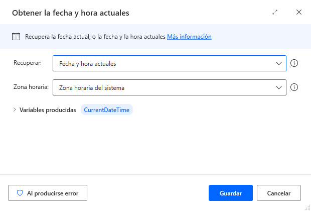 Captura de pantalla de las propiedades de la acción Obtener la fecha y hora actuales.