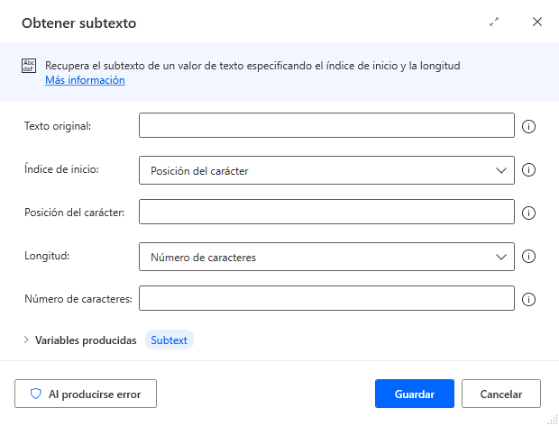 Captura de pantalla de las propiedades de la acción Obtener subtexto