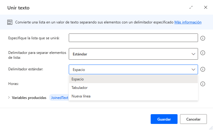 Captura de pantalla de las propiedades de la acción Unir texto.