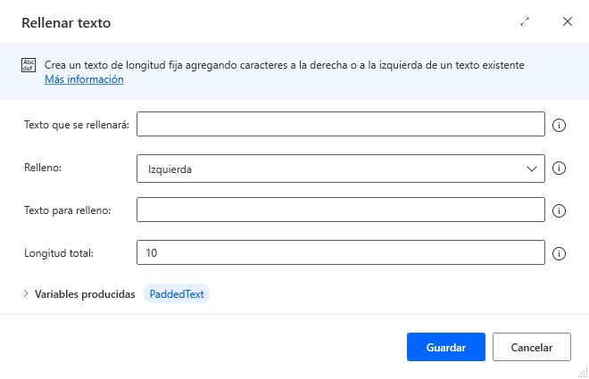 Captura de pantalla de las propiedades de la acción Rellenar texto