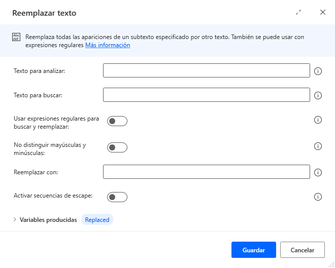 Captura de pantalla de las propiedades de la acción Reemplazar texto.